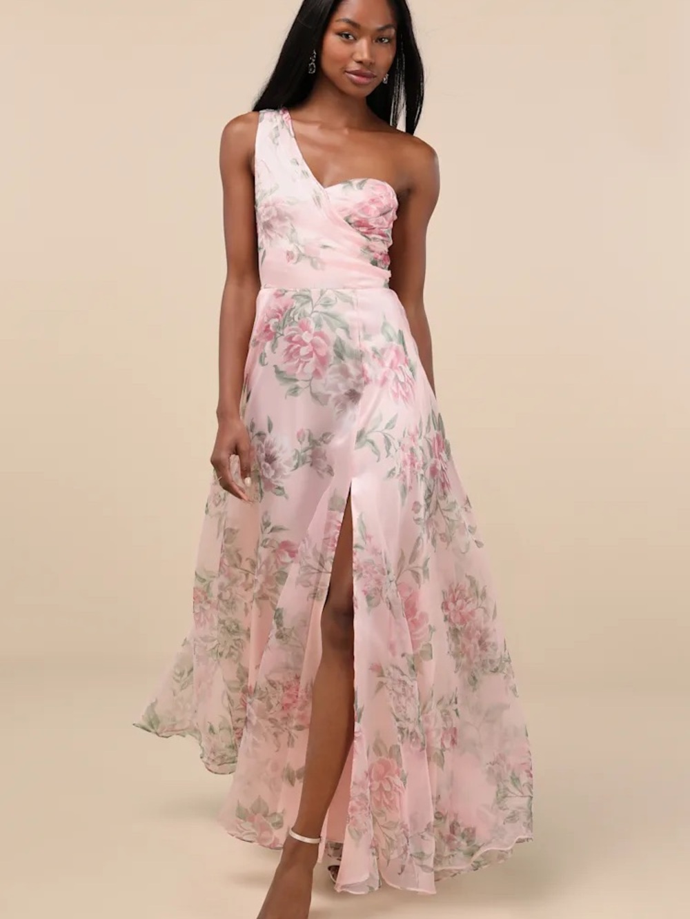Luluâs One-Shoulder Pink Floral Evening Dress